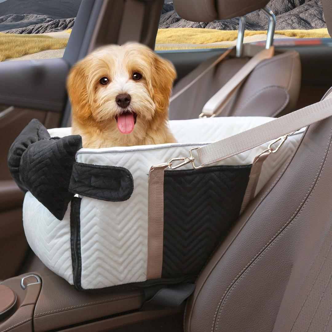 Small Dog Car Seat, Portable Dog Seat with Soft Washable Cushion,Center Console Dog Car Seat for Small Dogs Up to 13lbs(White)