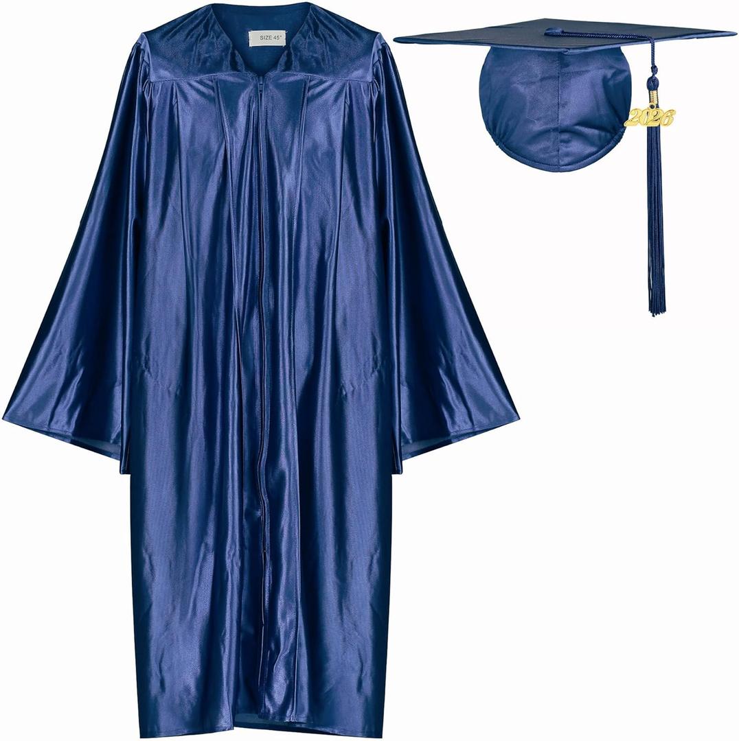 Newrara Adult Shiny Graduation Cap and Gown Tassel Set for High School & Bachelor (Blue)