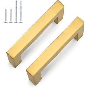goldenwarm 20 Pack 3 inch Gold Cabinet Pulls Brushed Brass Drawer Handles Modern Square Stainless Steel Hardware Pull for Kitchen Cupboard Dresser (3" Hole Center(76mm))