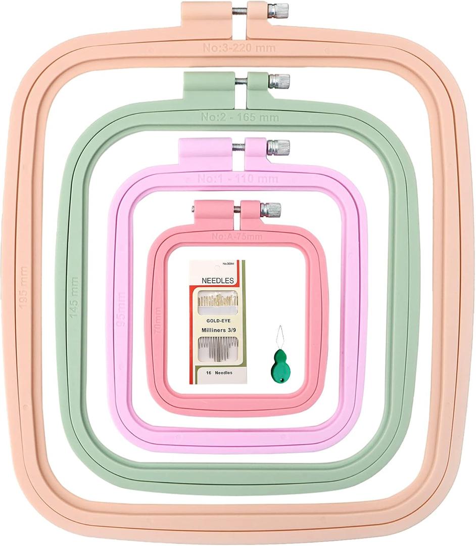 ZOCONE 4 Pcs 4 Size Square Embroidery Hoops, ABS Plastic Embroidery Hoops Cross Stitch Hoops Embroidery Frames for Sewing, Needlework, Embroidery Projects (Size-3", 4.3", 6.5", 8.7")