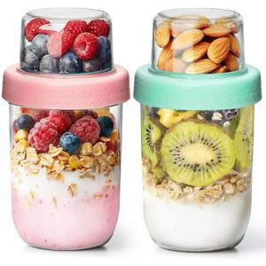 ComSaf Overnight Oats Containers with Lids (16oz+4oz, 2Pcs), Dual-Laryer Chia Pudding Jars with Dry and Wet Separation, Yogurt Parfait Cups for Oatmeal Cereal Nut Fruit, Meal Prep Glass Jars for Salad
