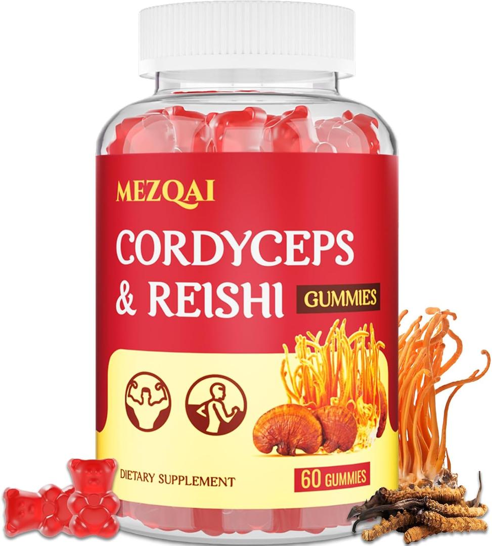 3 x Mushroom Gummies, Cordyceps Reishi Mushroom Supplement Gummies for Adults with Green Tea Extract, Brain Supplements for Memory and Focus, Energy, Athletic Performance*, Rest - 60 Count