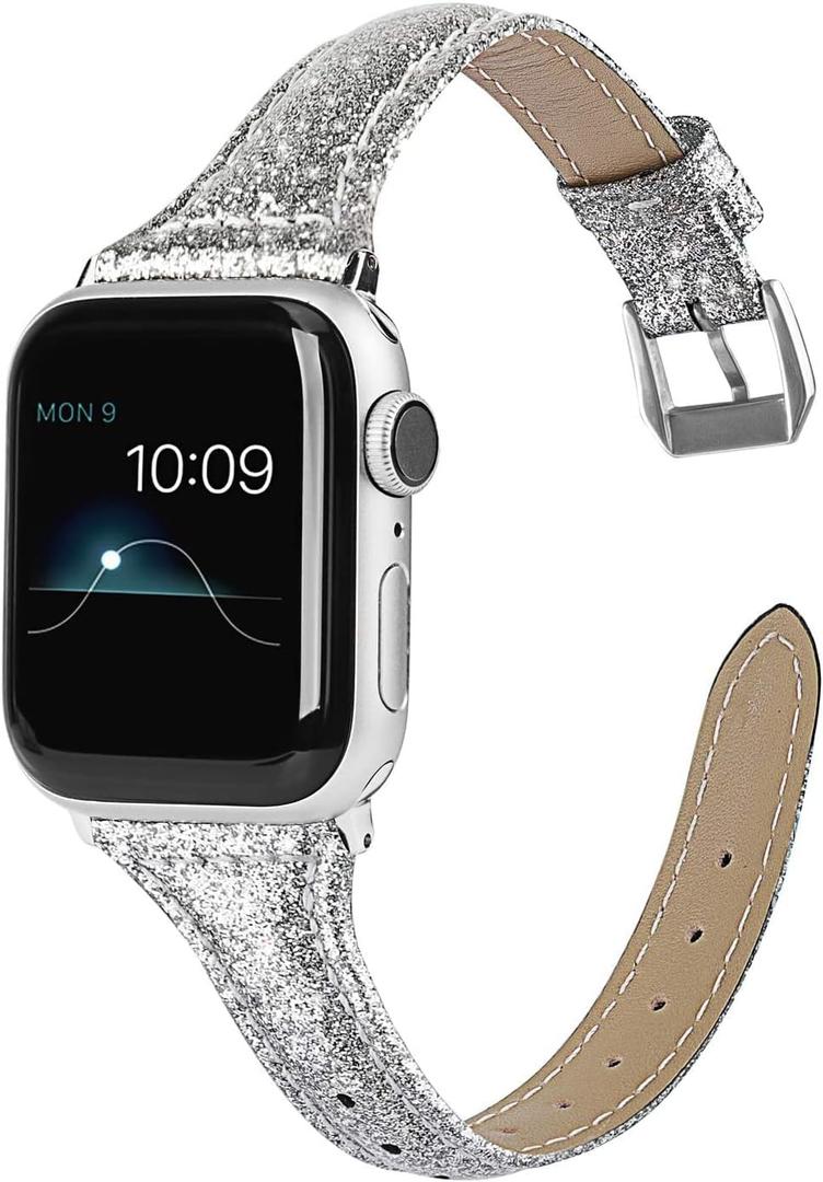 Wearlizer Thin Glitter Leather Compatible with Apple Watch Leather Bands Women 38mm 40mm 41mm 42mm 44mm 45mm 46mm 49mm for iWatch Series 11 10 9 8 7 6 5 4 3 SE/Ultra 3 2 1 Slim Bling Glistening Strap