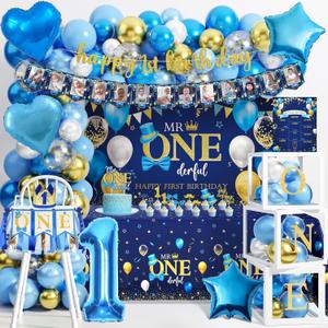 Baby Boy First Birthday Decorations, Mr Onederful 1st Birthday Decorations for Boy Party Supplies with Crown Backdrop Balloon Arch Kit Blue High Chair Banner Tablecloth Photo Banner