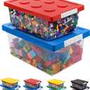 loobuu Plastic Storage Bins with Lids - Stackable Toy Storage Organizer Box Set of 2, Kids Toy Chests with Compatible Building Baseplate and Lid, Storage Container for Building Bricks - Red+Blue