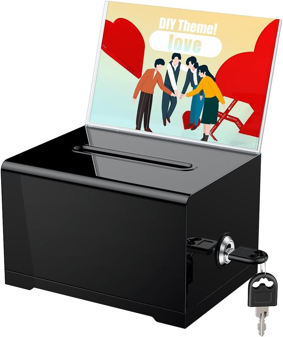Uniclife Black Acrylic Donation Box for Fundraising 6.2" x 4.7" x 4" Suggestion Box with Slot and Lock Plastic Ballot Boxes with Sign Holder Storage Container for Voting Charity Tip Collection (1 Pack)