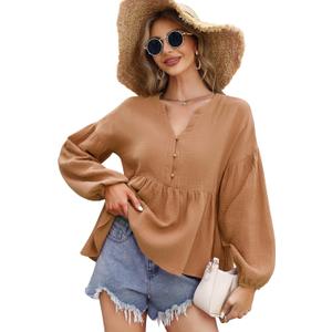 KOJOOIN Babydoll Tops for Women Plus Size T Shirts Peplum V Neck Ruffle Tunic Cute Fall Ladies Tops and Blouses, L Brown