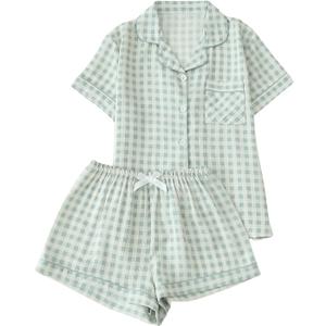 Verdusa Women's Plaid 2 Piece Cute Pajama Sets Short Sleeve Button Down Shirts with Shorts Loungewear Green, Small