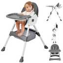 Baby High Chair, 6 in 1 Convertible High Chairs for Babies and Toddlers with 5-Point Safety Harness,Foldable High Chair for Space-Saving, Adjustable Dining Tray,Backrest & Height,Easy to Clean Surface (grey)