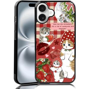 Cute Strawberry Cat Phone Case Fit for iPhone 16 Plus  TPU Whimsical and Sweet Funny Kawaii Cat Phone Cover Gift for Boy Girl Men Women