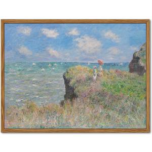 Framed Vintage Monet Wall Art Coastal Decor Impressionist Seaside Oil Painting Canvas Prints Nature Beach Scene Landscape Aesthetic Wall Decor for Living Room Bedroom Bathroom 8"x10"