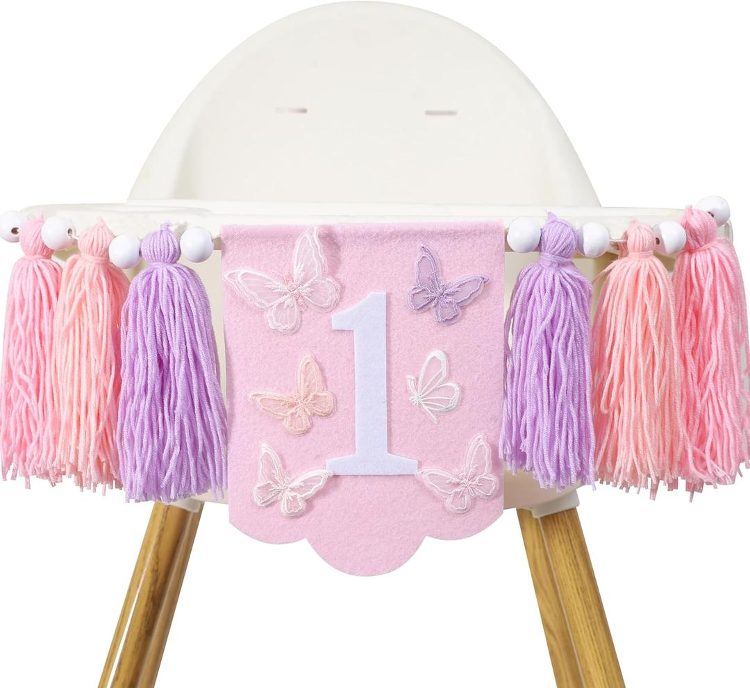 Butterfly 1st Birthday High Chair Banner - Fairy Pink and Purple Tassel, Spring Decoration for Girls (Highchair Banner)