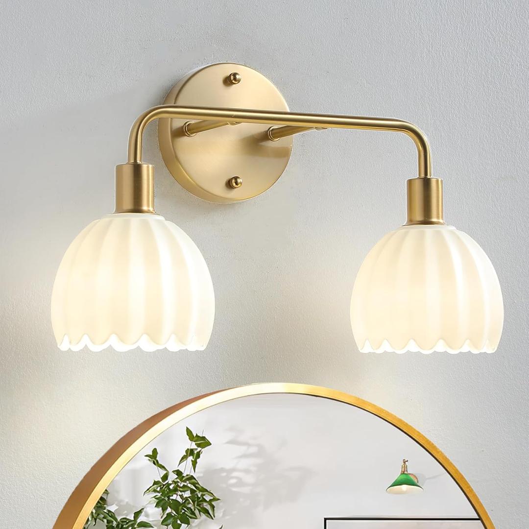 2-Light Gold Brass Bathroom Light Fixture,Wall Sconces,Brushed Gold Vanlity Light Over Mirror,Bathroom Vanity Light with Milk White Glass Flower Shade,E26 Socket (Bulbs Not Included)
