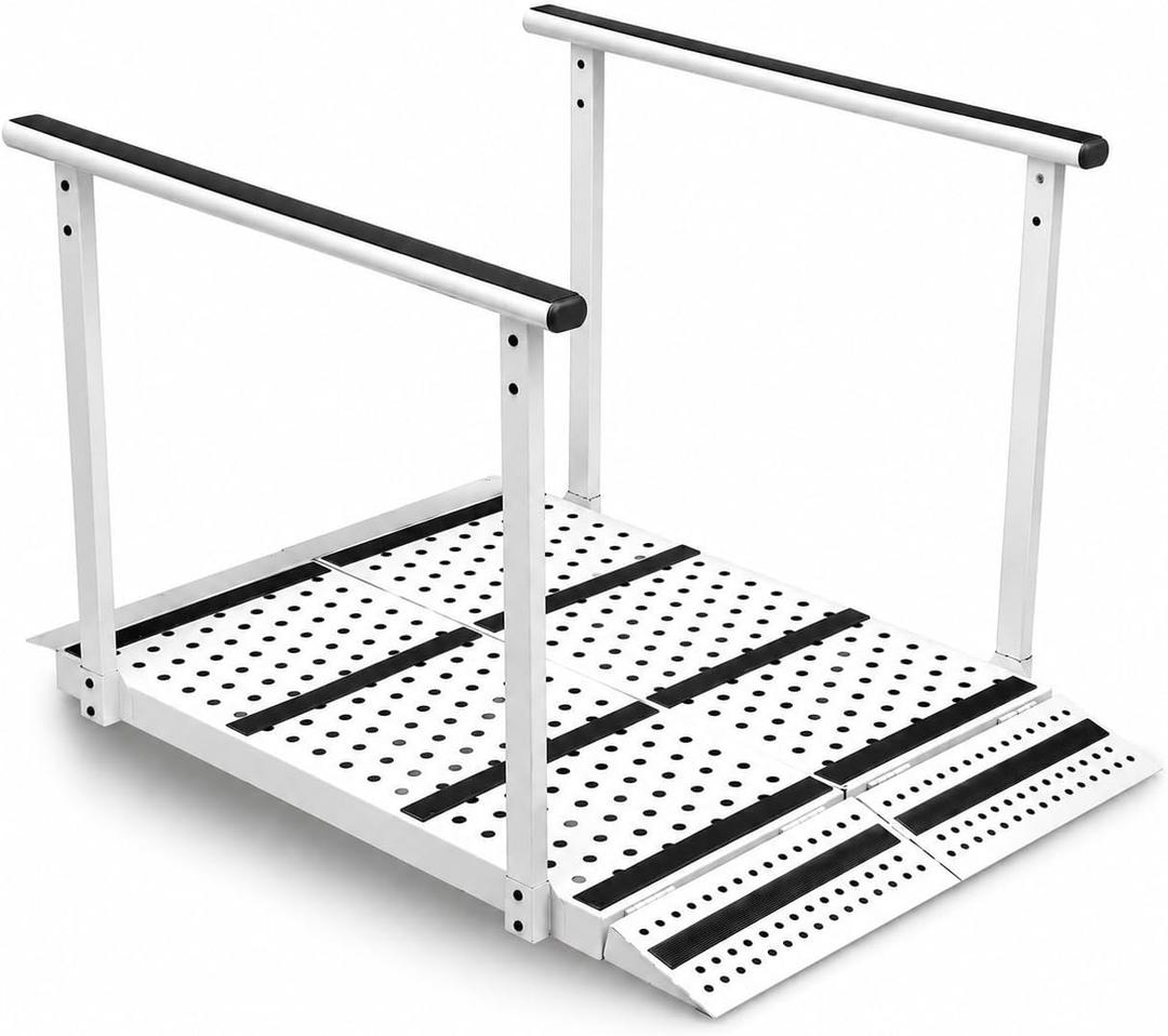 Upgraded Folding Ramp with Handrails, Portable Wheelchair Ramp with Handrail and Adjustable Flap, Heavy Duty Handicap Ramp with Handrails, 600 lbs Capacity, Carbon Steel Frame, 45.2" L x 31.5" W