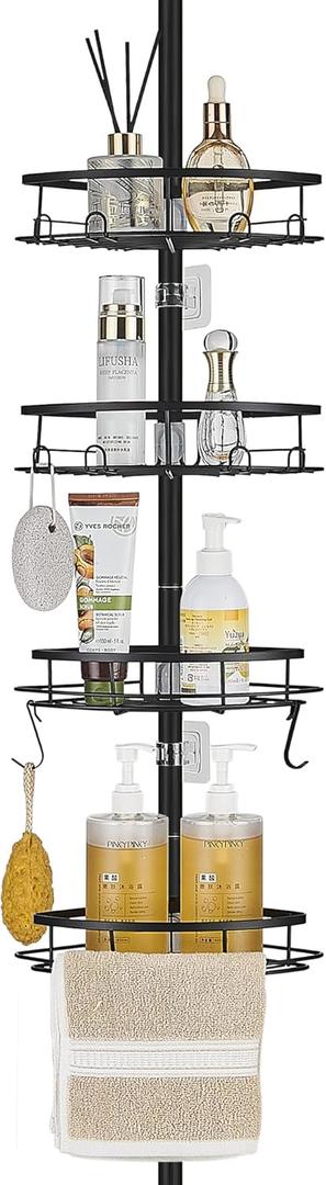 Corner Shower Caddy Tension Pole, Shower Tension Rod Organizer, 4-Tier Adjustable Floor to Ceiling Shower Caddy 33-127inch, No Drilling Shower Shelf for Inside (Black)