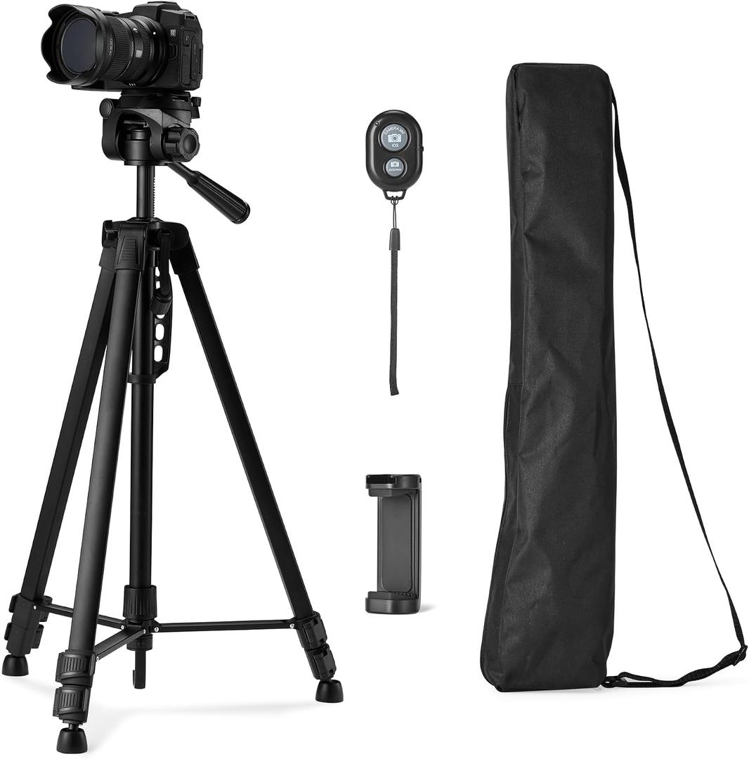 Amazon Basics 60" Lightweight Tripod for Camera and Phone with Travel Bag, Remote Control, Phone Holder, Height Adjustable, Flexible Positioning, Wireless Capability, Aluminum, Black