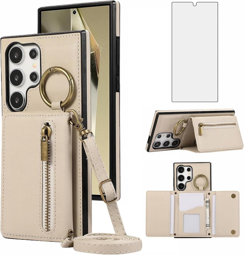Asuwish Compatible with Samsung Galaxy S24 Ultra 5G Wallet Case with Tempered Glass Screen Protector and Crossbody Shoulder Strap Card Holder Cell Phone Cover for S24Ultra 24S S 24 24Ultra Women Beige