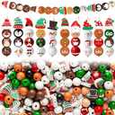 HoniedPepperino Christmas Wooden Bead with Twine - 240Pcs DIY Santa Claus Snowman Gingerbread Man Elf Bead Garland Crafts, Xmas Farmhouse Rustic Round Decor Ornaments for Christmas Winter Party Home