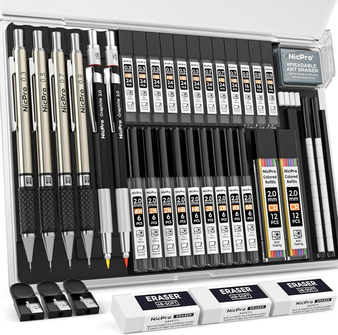 Nicpro 37PCS Art Mechanical Pencil Set, 4PCS Metal Drafting Pencil 0.3mm, 0.5 mm, 0.7 mm, 0.9 mm & 2PCS 2mm Lead Holder (6B 4B 2B HB 2H 4H Colors) For Sketching Drawing With 23 Tube Lead Refills Case (Black)