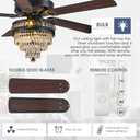Crystal Ceiling Fan Fandelier with Lights - Modern Outdoor Fans with Remote ControlNoiseless AC Motor, Retro/Farmhouse Lighting, Dining Room Living Room (52"