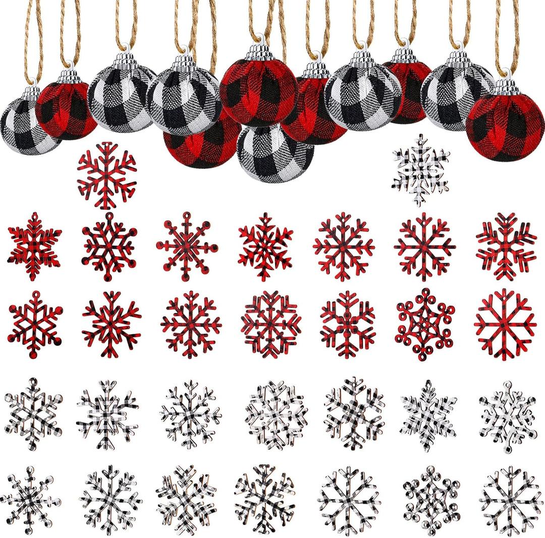 42 Pcs Christmas Buffalo Plaid Decoration Set Include 2 Inch Xmas Check Fabric Ball Ornament 3.15 Inch Wooden Snowflake Hanging Ornament Black Red Plaid for Christmas Tree Party Decor