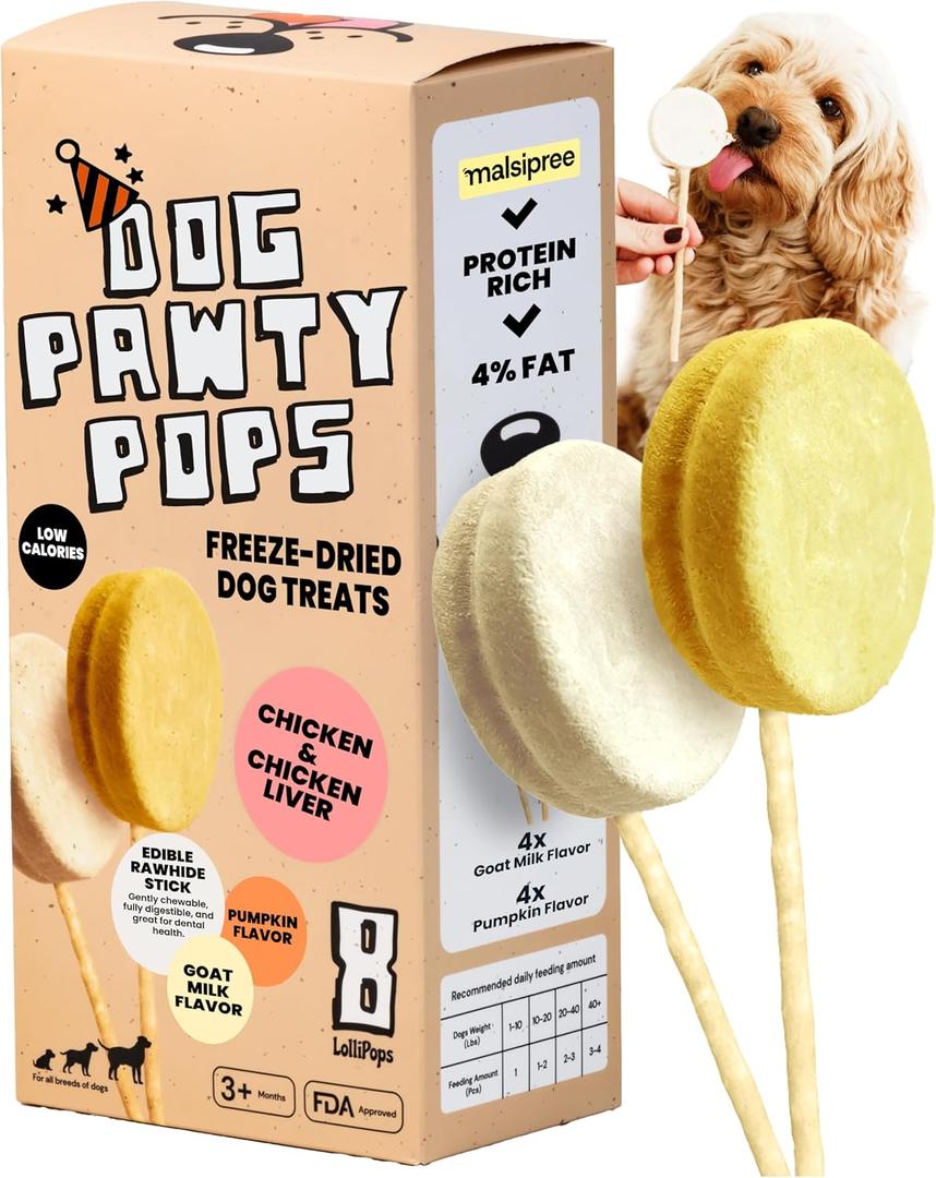 MalsiPree Dog Birthday Treats - Fun Lollipops, 8 Pack | Dog lollipops - healthy ice cream alternative & photo props - Use for puppy birthdays, gifts & training, EXP: 07/2026