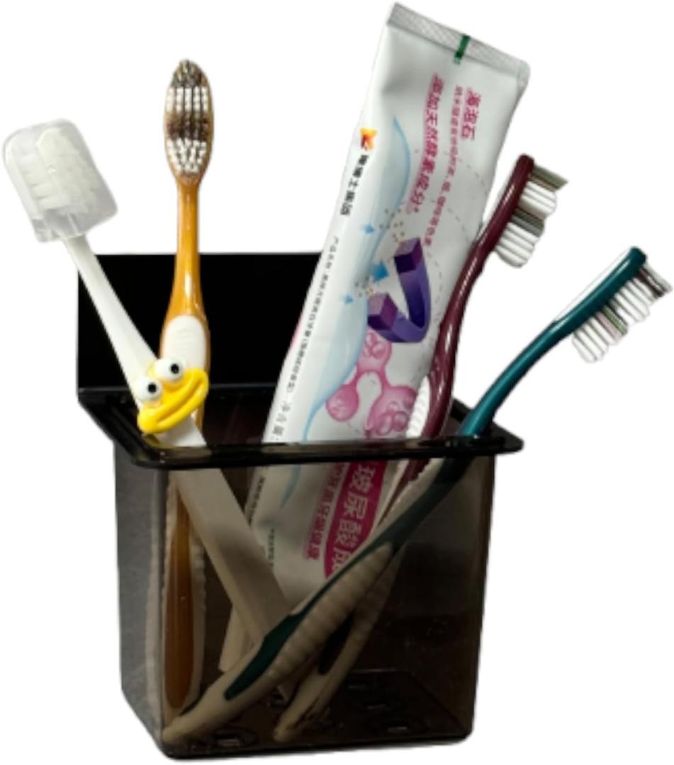 Toothbrush Holder Toothpaste Holder with Wall Mounted Metal Frame & Plastic Black Bathroom Organizer with Tape for Bathroom Toothbrush Toothpaste Floss Makeup Brush Razor - One Pack