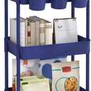 JIUYOTREE 3-Tier Plastic Rolling Storage Cart Utility Cart with Extra Hanging Cups Handles Lockable Wheels for Living Room Bathroom Kitchen Office Blue