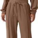 QINSEN Women 2 Piece Outfits Sweatsuit Set Twist Front Cropped Sweatshirt Wide Leg Sweatpant Lounge Set Tracksuit (Medium, Caramel)