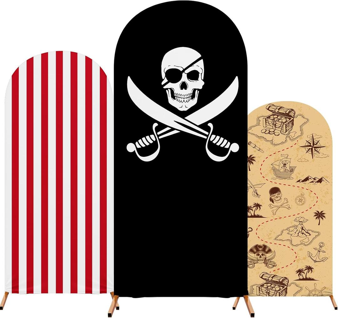 3 Pcs Pirates Party Arch Backdrop Stand Cover Spandex Fitted Theme Arch Cover 4ft, 5ft, 6ft Photo Background Props for Pirate Birthday Party Decoration
