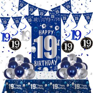 19th Birthday Decorations for Boys Men Girls, Blue Silver Happy 19th Birthday Decorations Boy with Bday Backdrop Banner Balloons Tablecloth Hanging Swirls Triangle Flag - 19 Year Old Party Supplies