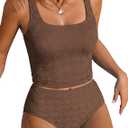ZAFUL Womens Tankini Swimsuits Two Piece Tummy Control Bathing Suits Textured Tankini Swim Top with High Waisted Bottom (Brown, S)