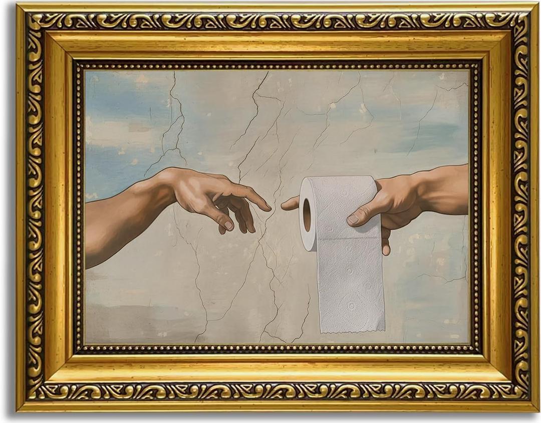 YD&YZY Gold Framed Vintage Funny Humor Bathroom Wall Art God Gives Toilet Paper Wall Decor Unique Art Painting Picture Print Whimsical Bathroom Restroom 8x10 inch Small Framed