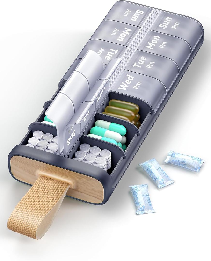 Weekly AM PM Pill Organizer 7 Day, Large 2 Times a Day Pill Box Case with Carry Handle, Moisture-Proof Desiccant & Secure Easy-Open Lids for Vitamins and Supplements