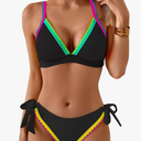 Bikini Sets for Women Floral Two Piece Bathing Suit V Neck Shell Stitched Swimsuit Tie Side Triangle Swimwear, Size Medium, Color: Black, Pink Yellow Color Block