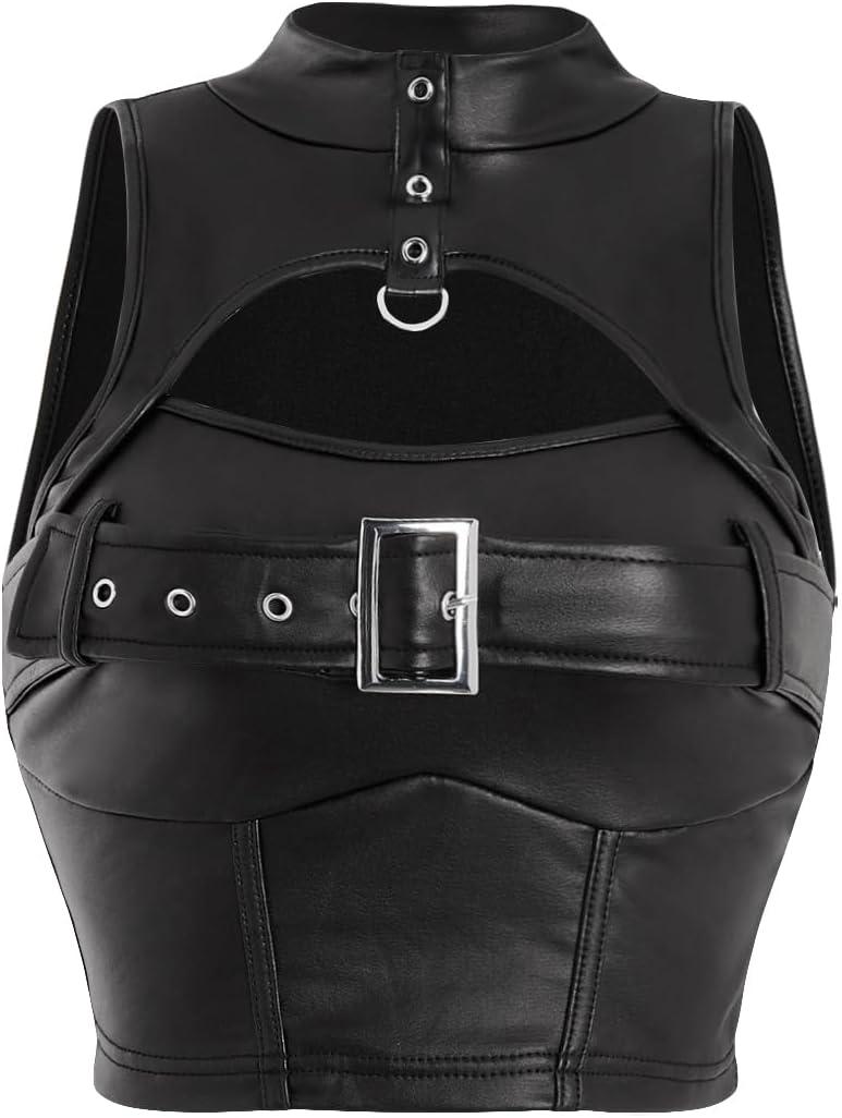Women's Faux Leather Tank Top High Neck Cut Out Buckle Front Slim Fit Y2k Crop Tops (Large, Black)