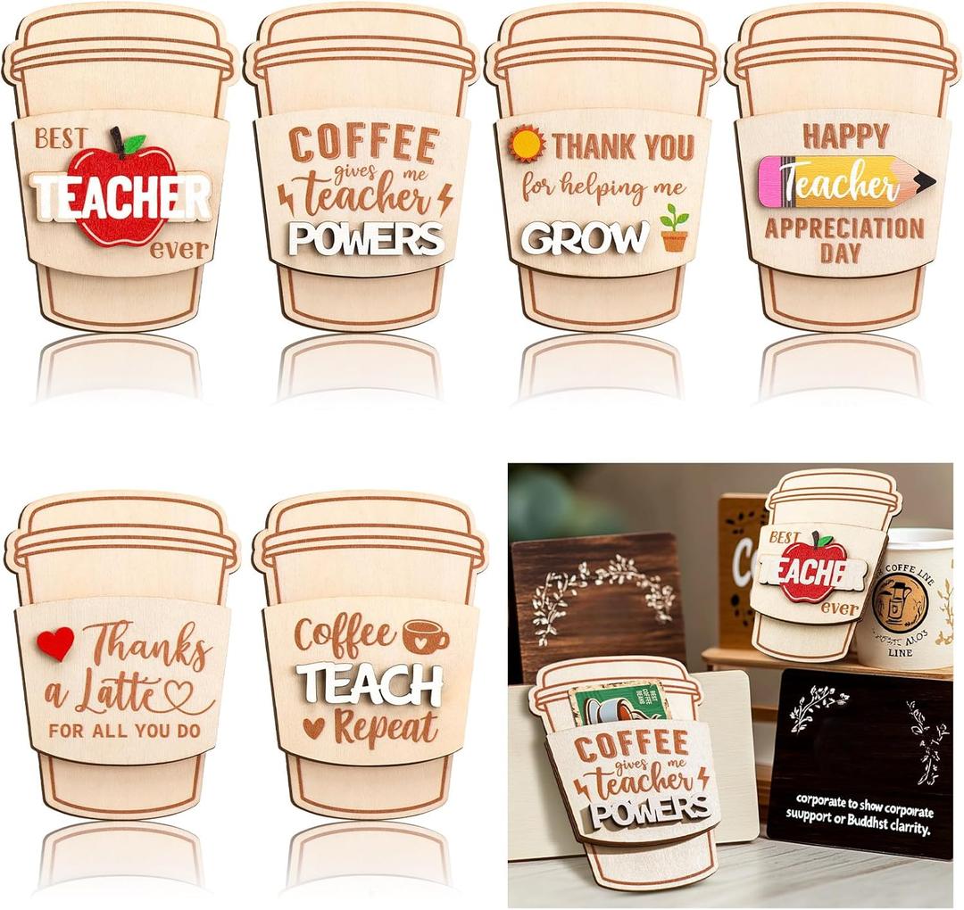 CroBlissful 6 Pack Teacher Appreciation Gifts Card Holder Thanks a Latte Coffee Gift Card Holder Wooden Money Holders Women Men Teachers Thank You Gifts Back to School Party Supplies(Classic)