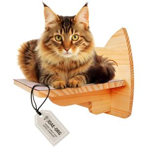 IDAE Cat Wall Shelf  Modern Wall-Mounted Furniture with Face Design  Wooden Perch for Large Indoor Pets  Natural Pine Climbing Shelf