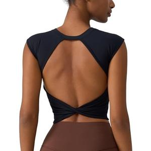 ABOCIW Women Twist Back Workout Top with Built in Bra Cap Sleeve Pilates Yoga Crop Top Athletic Gym Shirt, M