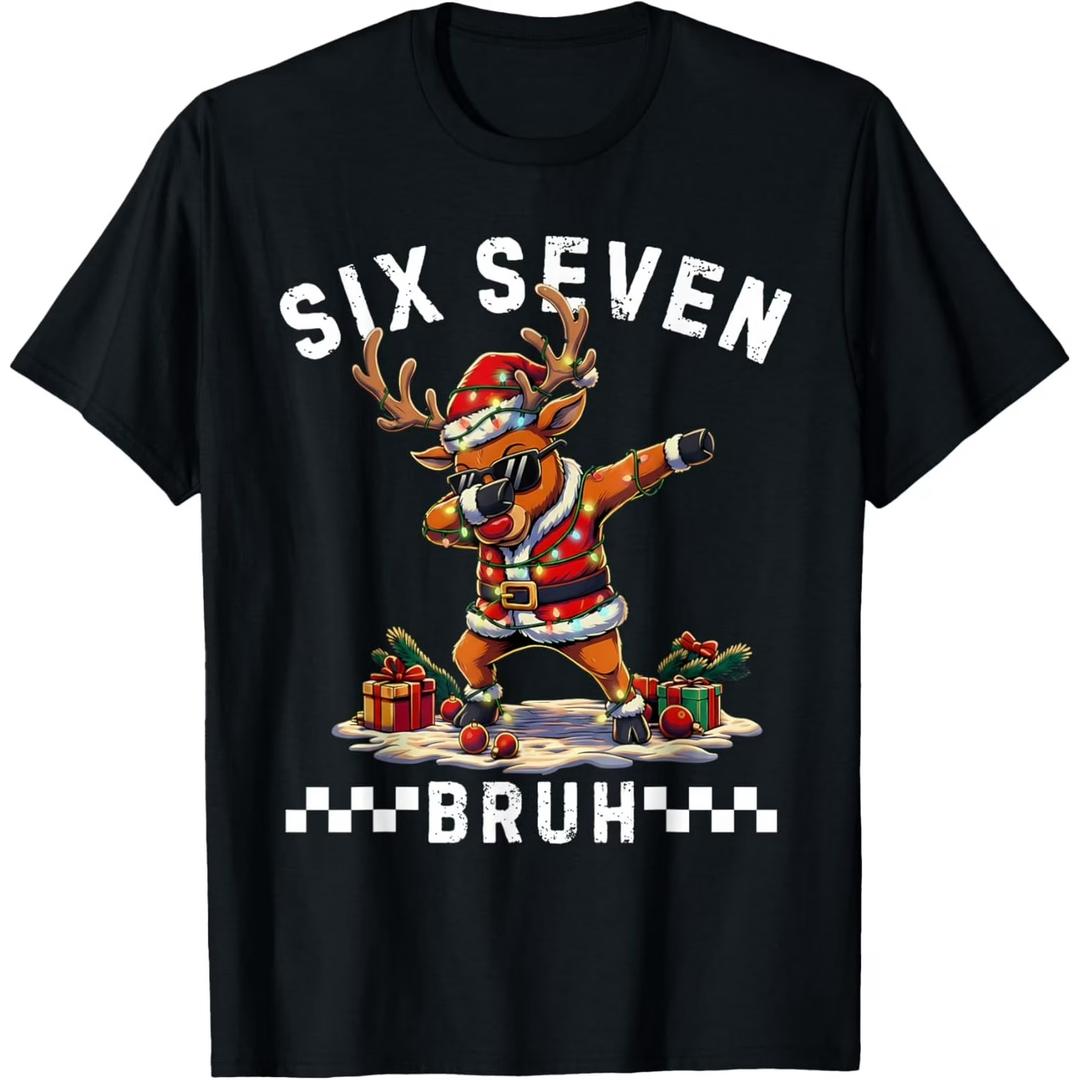 Funny 67 Christmas Six Seven Meme Dabbing Reindeer Boys T-Shirt Size S