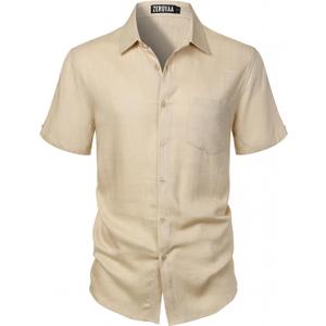 ZEROYAA Men's Linen Shirts Short Sleeve Summer Casual Button Down Beach Shirt with Pocket (Beige, S)