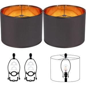 Black Lamp Shades Drum Set Of 2 Medium Gold 12-Inch Replacement Lamp Shades For Table Lamps,Floor Lamps,Diy Pendant Lights, Wall Lights,Harp Holder Included,Requires Assembly. (Black)