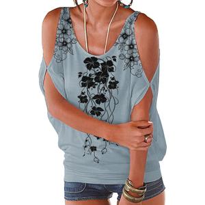 Miselon Women Cold Shoulder O-Neck Short Sleeve Loose Fit Summer Shirt Blouse Tops (Blue, S)