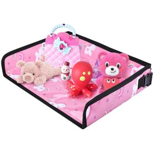 Kids Travel Tray Table Cover with Pockets  Airplane Essentials for Toddlers, Portable Activity Organizer for Plane, Train Car & Highchair, Machine Washable (Pink)