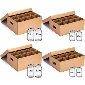 MotiMind 4 Sets Mason Jar Storage Box Fits 16 oz and 32 oz Regular or Wide Mouth Jars Mason Jar Storage Containers with Handles and Dividers 12 Cells Cardboard Can Stack for Moving Home Supplies