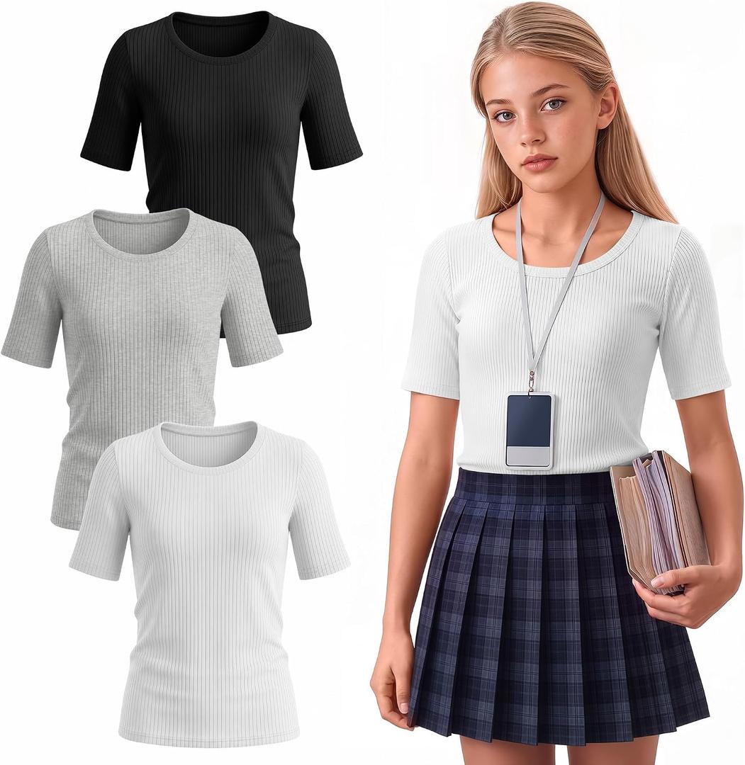 3 Pack Girls Ribbed T-Shirts | Short Sleeve, Crewneck, Slim Fit, Stretchy, Soft, Athletic, Basic Tees, Summer, Kids 5-14 Years