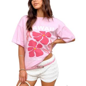 Oversized Graphic Shirt for Teens Girl Y2K Ocean Floral Short Sleeve Baggy Tee Shirts Vintage Aesthetic Coastal Tops (Medium, Pink Flower)