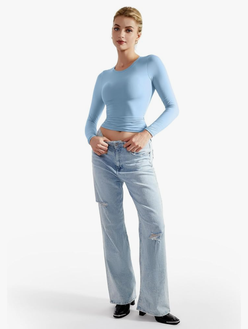 SUUKSESS Women Double Lined Fitted Basic T Shirts Crew Neck Long Sleeve Crop Top Size S