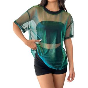 OYOANGLE Women's See Through Top Metallic Mesh Sheer Short Sleeve Rave T-Shirt (Large, Green)