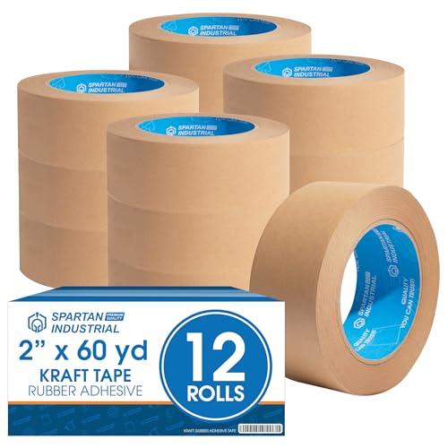 Spartan Industrial - 2" X 60 yd Kraft Tape with Rubber Adhesive - 24 Rolls of Brown Packing Tape for Moving Boxes and Shipping - 7 Mil